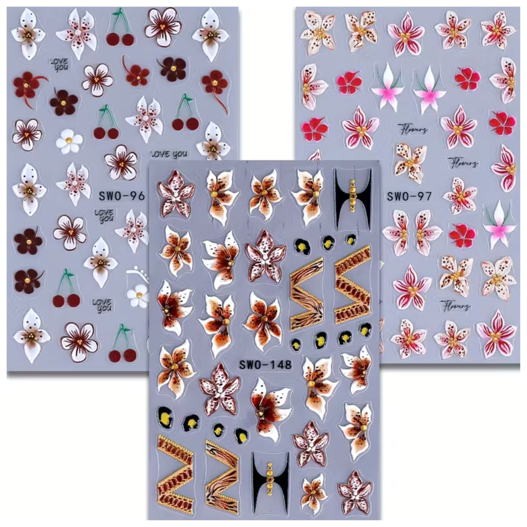 Nagelstickers Bloement 3 Vellen | Nail Decals | Taupe Roze Lelie Bloemen