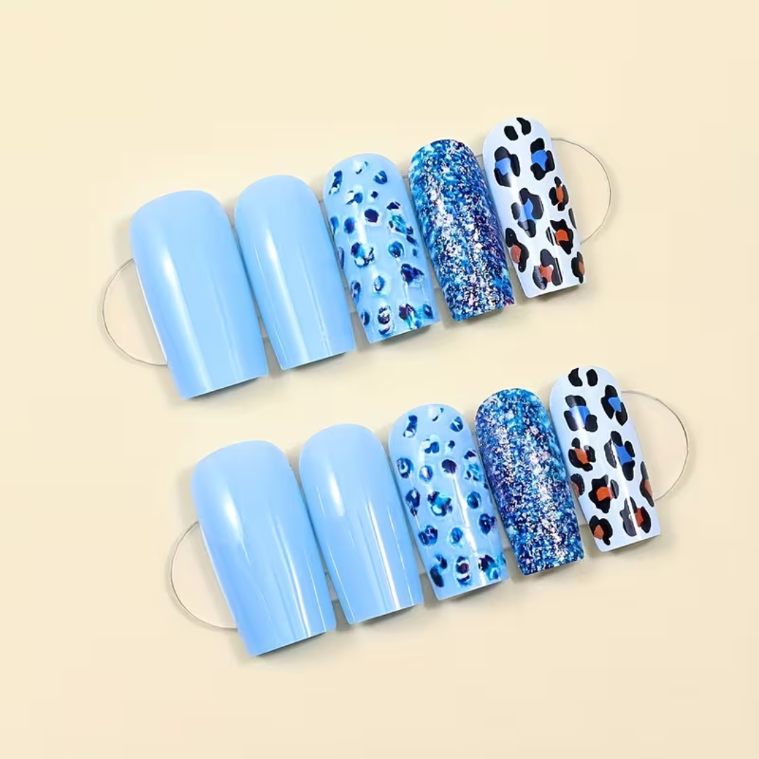 Plaknagels 24 Pcs Luipaard Licht Blauw | Nagel Tips | Kunstnagels