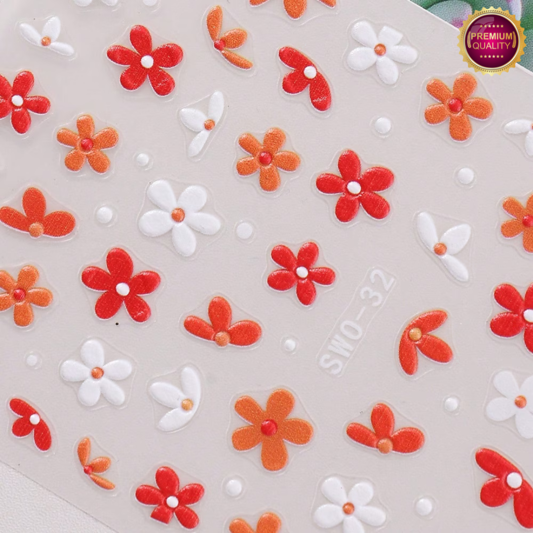 Nagelstickers Bloementjes 3D Oranje Wit