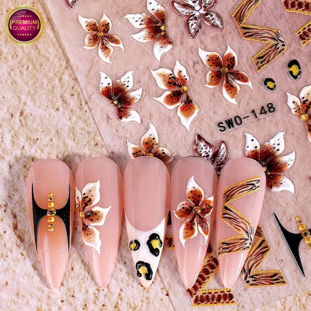 Nagelstickers Bloement 3 Vellen | Nail Decals | Taupe Roze Lelie Bloemen