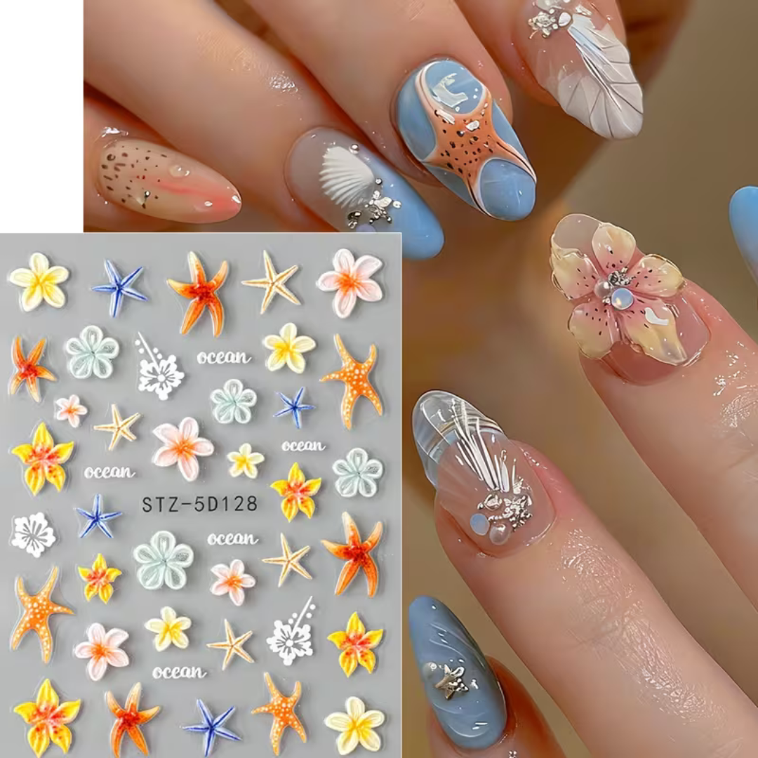 Nagelstickers Bloemen & Zeesterren 3D | 2 Vellen Nagelstickers