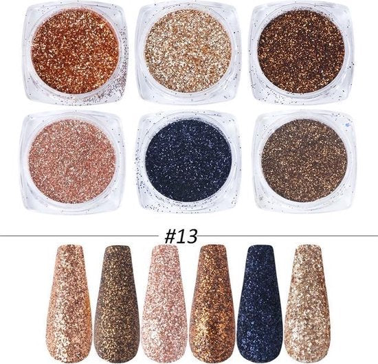 Glitter Poeder Nail Art Set - 6 Stuks - Goud / Navy / Brons / Blauw - Nagel Decoratie Strass
