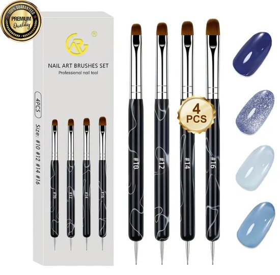 GUAPÀ® Gel Penselen Zwart met Nail Art Dotting Tools | 4 Pcs Nail Brushes | Nagel Penselen | Nail Art penselen | Nail Brush | Nepnagels | Gel Nails | Gel Brush Nr 10, Nr 12, Nr 14, Nr 16 | BIAB | Builder Gel | 4 Penselen Nail Art Gel Brushes