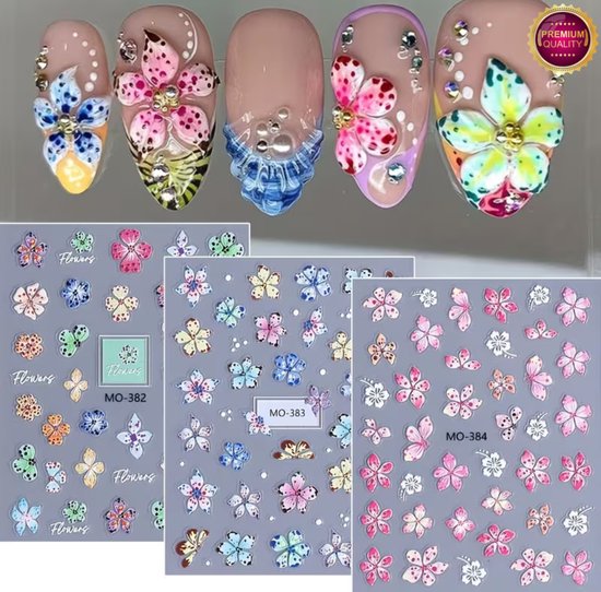 GUAPÀ® Nagelstickers Bloementjes 3 Vellen | Nail Decals | Nagelversiering | Gellak | Nagellak | Acryl Nagels | 3D Bloemen Stickers Nagels | Tropische Bloemen 3D Nagelstickers 3 Vellen