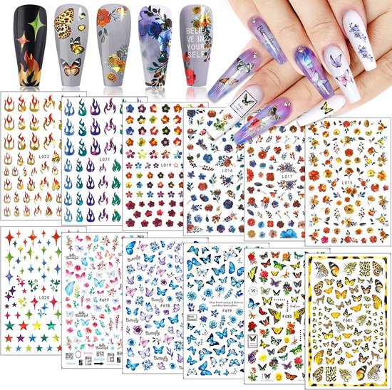 GUAPÀ® Nagelstickers | Nagel Stickers Diverse Patroontjes | Nail Art 3D Stickers | Nagelstickers Kinderen | Nagel Stempel | 12 Sheets Nagelstickers Velletjes
