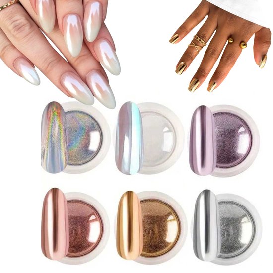 GUAPÀ® Holografische Spiegel Glitter Poeder Set | 6 Nail Art glitters | 6 stuks diverse kleur Holografische Poeders