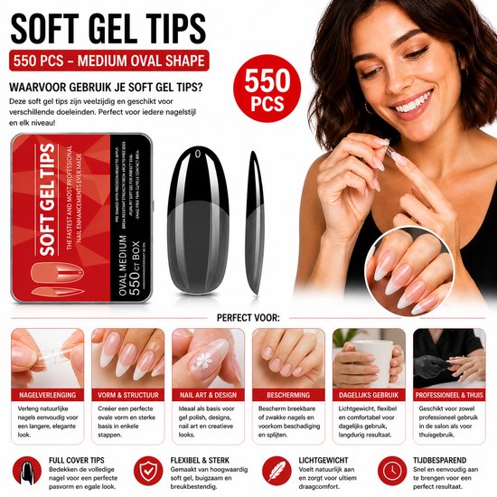 GUAPÀ® Soft Gel Nagel Tips Ovaal 550 Pcs - Transparant - Medium Full Cover Tips - Nepnagels - Kunstnagels - Plaknagels - Press on nails - Nagelverlenging - Nageltips voor Gellak en Acryl - 11 Diverse Maten - 550 Pcs Soft Gel Nageltips Clear