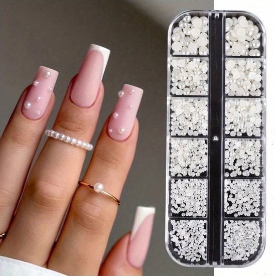 GUAPÀ® Rhinestones Wit | Parels Wit | Nagel Decoratie | Strass Steentjes | Bruidsnagels | Zomer Nagels | Nagelversiering | Nagel Diamantjes Pareltjes Wit | Nail Art | 12 Delige Rhinestones Set
