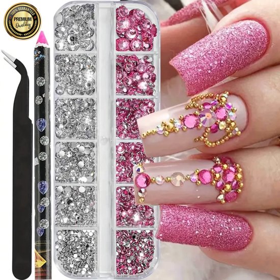 GUAPÀ® Rhinestones Roze en Zilver 12 diverse maten | Strass Steentjes | Diamantjes | Nagel Versiering | Nail Art | Nagel Glitters | Pailletjes | Nail Art Rhinestones 12 delig inclusief Dotting Tools Rose Zilver