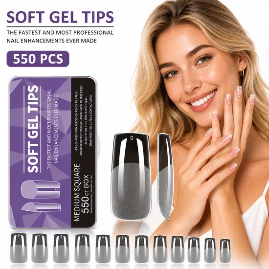 GUAPÀ® Soft Gel Nagel Tips 550 Pcs - Medium Square - Transparant - Medium Full Cover Tips - Nepnagels - Kunstnagels - Plaknagels - Press on nails - Nagelverlenging - Nageltips voor Gellak en Acryl - 11 Diverse Maten - 550 Soft Gel Nageltips Clear