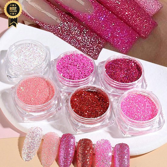 GUAPÀ® Nagel Glitter Poeder Roze | 6 Nail Art glitters | Nail Art & Nagel Decoratie | Nail Dip Powder | Gellak | Gel | Acryl | Chrome Nagels | Roze Nagel Glitters Rhinestones Steentjes | 6 stuks diverse kleuren nagelpoeder