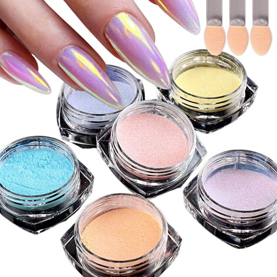 GUAPÀ® Holografische Glitter Poeder Set | 6 Nail Art glitters | Pastel Kleuren | Nail Art & Nagel Decoratie | Spiegel en pigment poeder | Chrome Nagels | 6 stuks diverse kleur nagelpoeder