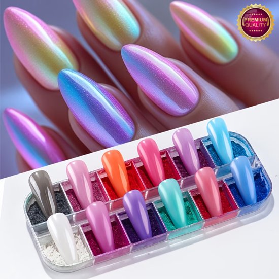 GUAPÀ® Holografische Glitter Poeder Set | 12 Nail Art glitters | Kameleon Chrome Poeders | Nail Art & Nagel Decoratie | Spiegel en pigment poeder | Chrome Nagels | 12 stuks diverse kleur Holografische Poeders