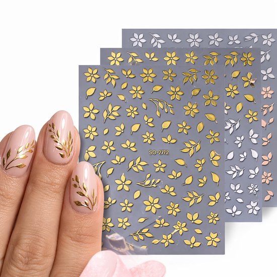GUAPÀ® Nagelstickers Bloementjes en Blaadjes 3D | 3 Vellen Nagel Stickers | Nail Decals | Nagelversiering | Gellak | Nagellak | Acryl Nagels | 3D Bloemen Stickers Nagels | Gouden en Zilver Bloemetjes 3D Nagel Stickers 3 Velletjes