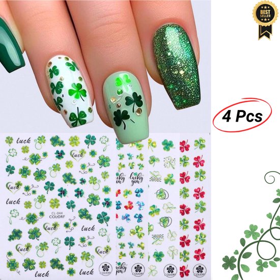 GUAPÀ® Nagelstickers Klavertjes | 4 Vellen nagel stickers blaadjes en klavertjes | Nail Decals | Nail Art | Zelfklevende Nagelstickers | 4 vellen Nagelstickers Klavertjes Diverse Kleuren