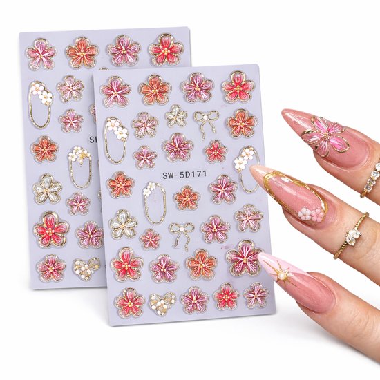 GUAPÀ® Nagelstickers Bloementjes 5D Goud Roze | 2 Vellen | Nail Decals | Nagelversiering | Gellak | Nagellak | Acryl Nagels | 5D Bloemen Stickers Nagels | Gouden en Roze Bloemetjes 5D Nagel Stickers 2 Velletjes
