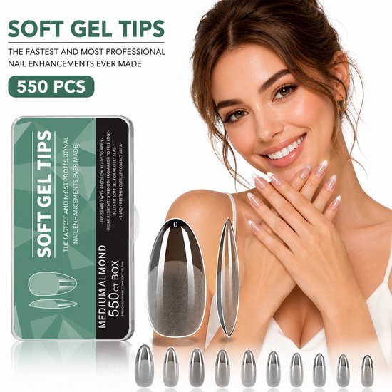 GUAPÀ® Soft Gel Nagel Tips Almond 550 Pcs - Transparant - Medium Full Cover Tips - Nepnagels - Kunstnagels - Plaknagels - Press on nails - Nagelverlenging - Nageltips voor Gellak en Acryl - 11 Diverse Maten - 550 Pcs Soft Gel Nageltips Clear