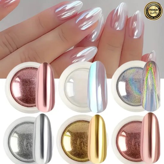 GUAPÀ® Spiegel Chrome Poeder Nagels 6 Kleuren | Glitter Poeder Set | Nail Art glitters | Kameleon Chrome Poeders | Nail Art & Nagel Decoratie | Spiegel en pigment poeder | Chrome Nagels | 6 stuks diverse kleur Holografische Poeders Nagels
