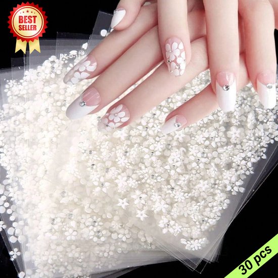 GUAPÀ® Nagelstickers | Bloemen stickers Wit | 30 vellen Diverse Nagel Stickers | Nail Art | Nagel stickers | nagelversiering | zelfklevende nagelstickers | 30pcs 3D Bloemen Nagelstickers Wit