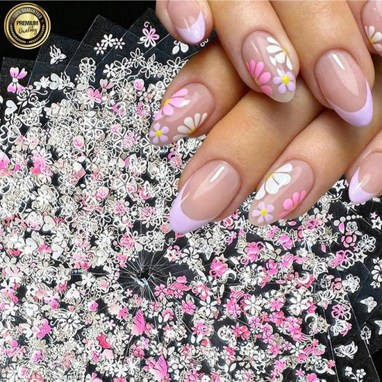 GUAPÀ® Nagelstickers | Bloemen stickers Wit en Roze | 30 vellen Diverse Nagel Stickers | Nail Art | Nagel stickers | nagelversiering | zelfklevende nagelstickers | 30 pcs 3D Bloemen Nagelstickers Roze met Wit