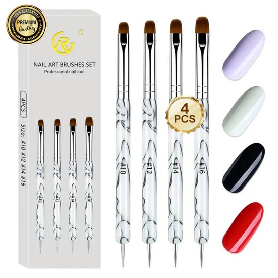 GUAPÀ® Gel Penselen Wit met Nail Art Dotting Tools | 4 Pcs Nail Brushes | Nagel Penselen | Nail Art penselen | Nail Brush | Nepnagels | Gel Nails | Gel Brush Nr 10, Nr 12, Nr 14, Nr 16 | BIAB | Builder Gel | 4 Penselen Nail Art Gel Brushes