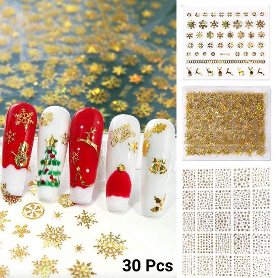 GUAPÀ® Nail Art Nagelstickers | Nagel Stickers Kerst | Nail Art 3D Stickers | Nagelstickers Kinderen | Zelfklevende Nagelstickers Goud | Nail Art Stempel | 30 velletjes Kerst Nagel stickers Goud