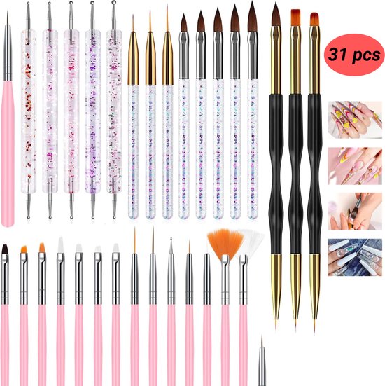 GUAPÀ® Nagel Penselen Set 31 pcs | Nail Art Penselen | Gel Penseel | Nagel Decoratie | Nail Brush | Nail Liner Brush | Dotting Penselen | Acryl Nagels | Gellak | Nepnagels | Gel Penseel | Acryl Forms | 31 Diverse Nail Art Penselen