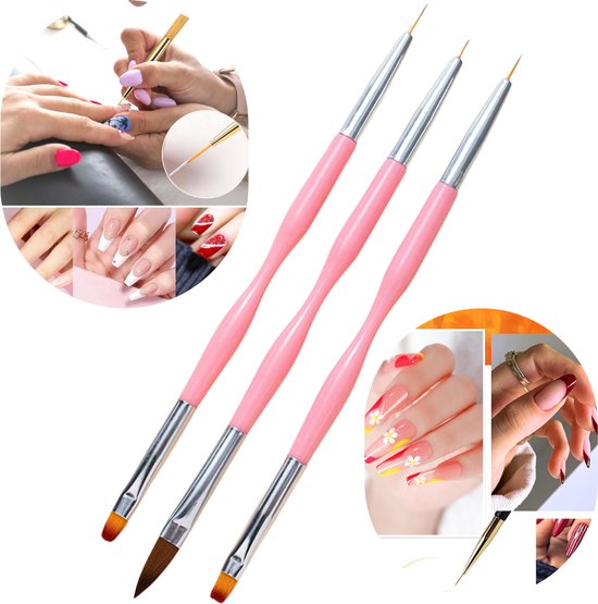 GUAPÀ® Nagel Penselen Set 3 pcs | Acryl Penseel | Gel Penseel | Nail Art Penselen | Nail Brush | Nail Liner Brush | Acrylic | Nepnagels | Builder Gel Penseel | Acryl Forms | 3 Nagel Penselen Roze
