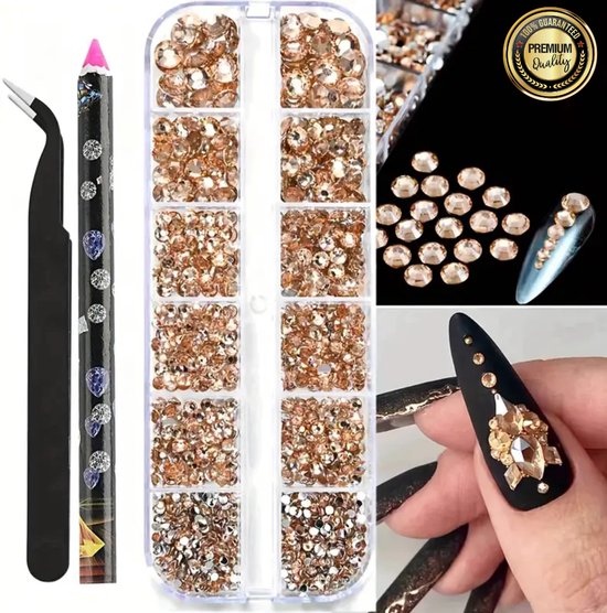 GUAPÀ® Rhinestones Champagne 12 diverse maten | Strass Steentjes | Diamantjes | Nagel Versiering | Nail Art | Nagel Glitters | Pailletjes | Nail Art Rhinestones 12 delig inclusief Dotting Tools Champagne Kleur