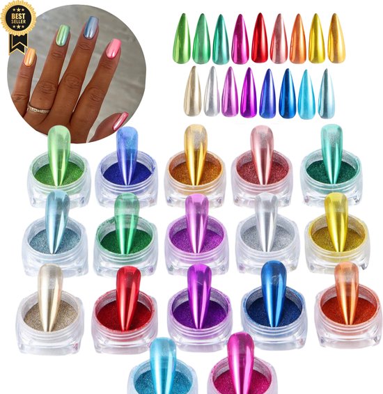 GUAPÀ® Spiegel Chrome Glitter Poeders Nagels | 17 Spiegel & Chrome Nail Art Poeders | Holografische Glitters Nagels | Spiegel en pigment poeders | Chrome Nagels | 17 stuks diverse kleuren nagelpoeders