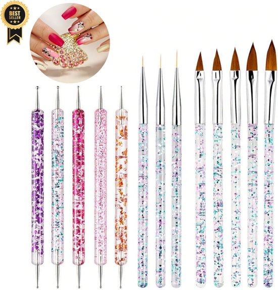 GUAPÀ® Nail Art Penselen 13 pcs | Acryl Penselen | Nagel Penselen | Nail Brushes | Dotting Penseel | Nail Art lines | French Manicure | 13 Penselen Nail Art