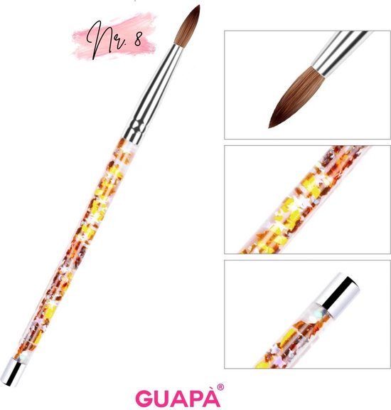 GUAPÀ - Acryl Glitter Goud Penseel Nr #8 - Uniek Design - High Quality & 100% Nylon - Nagel Penselen