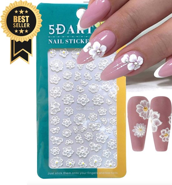 GUAPÀ® Nail Art 3D Bloemetjes NagelStickers - Nagel Decoratie & Versiering Folie - 5D Nail Decals Nagel Stickers - 1 Velletje Witte Bloemetjes Stickers