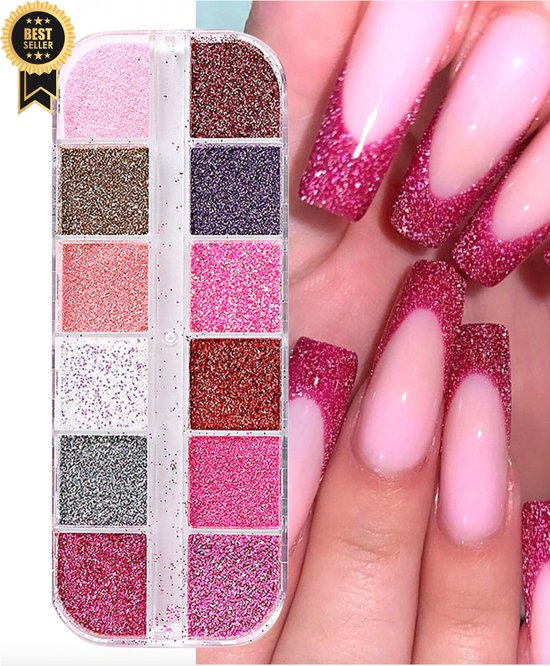 GUAPÀ® Nagel Glitter Poeder Set | 12 Nail Art glitters | Nail Art & Nagel Decoratie | Nail Dip Powder | Gellak | Gel | Acryl | Chrome Nagels | Roze Nagel Glitters Rhinestones Steentjes | 12 stuks diverse kleur nagelpoeder