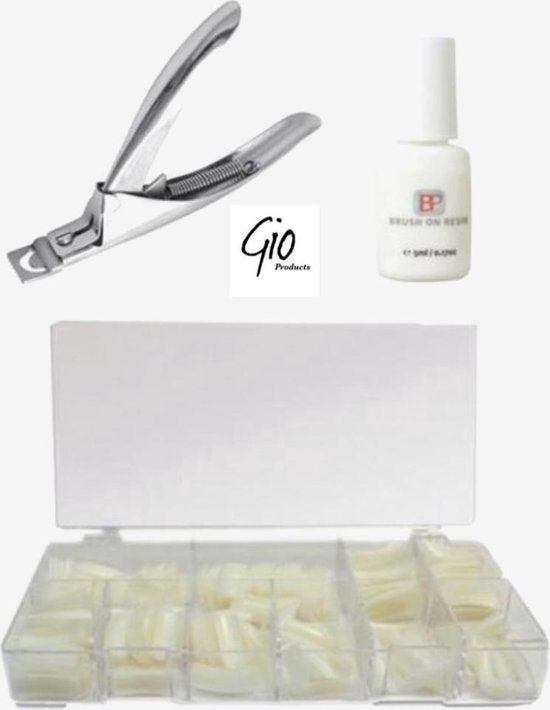 Nageltips Naturel 500 Stuks + Nagellijm 5ml + Tipknipper Zilver - Voordeelset