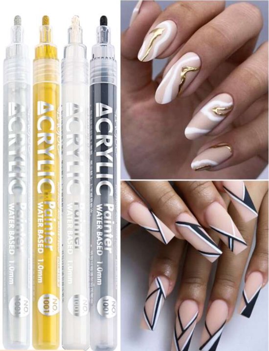 GUAPÀ® Nail Art Pen | Graffiti Stiften voor Nail Art | Nagel Decoratie | Goud & Zilveren Nagel Stift | Nail Art Vormen | Nagelversiering | 4 Nail Art Stiften