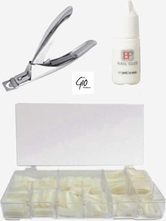 Nageltips Naturel 500 Stuks + Nagellijm 3ml + Tipknipper Zilver - Voordeelset
