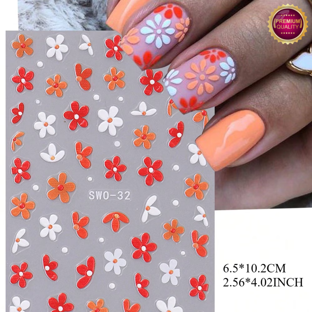 Nagelstickers Bloementjes 3D Oranje Wit