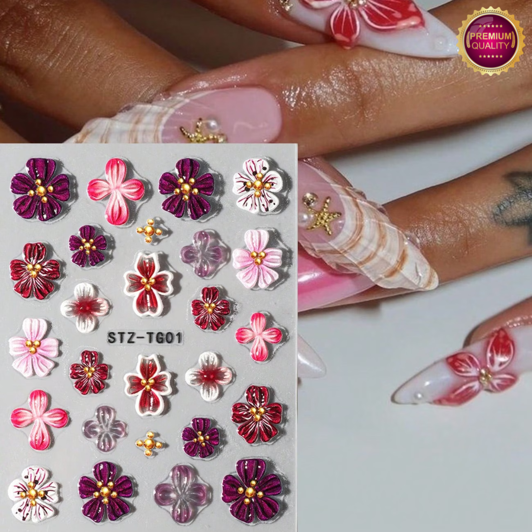 Nagelstickers Bloementjes 5D Roze Paarse