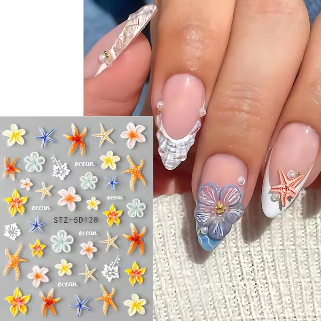 Nagelstickers Bloemen & Zeesterren 3D | 2 Vellen Nagelstickers