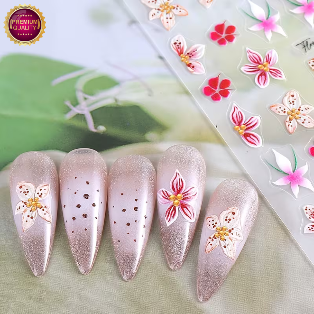 Nagelstickers Bloement 3 Vellen | Nail Decals | Taupe Roze Lelie Bloemen