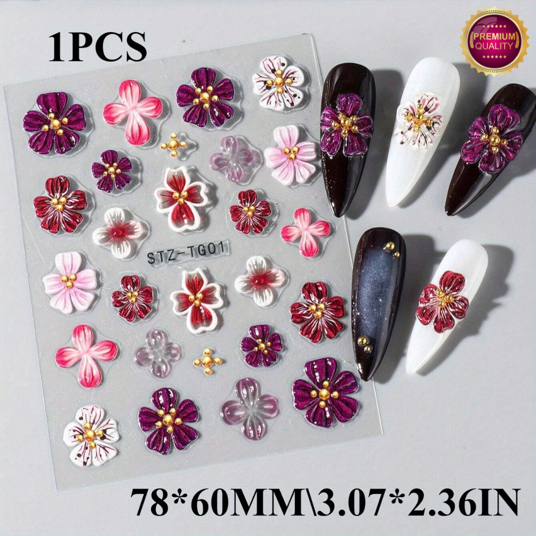 Nagelstickers Bloementjes 5D Roze Paarse