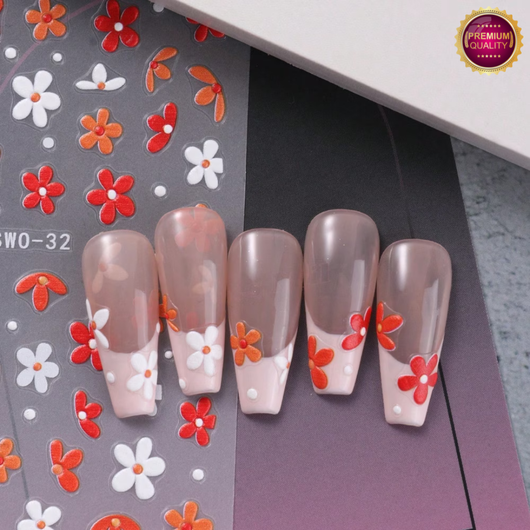 Nagelstickers Bloementjes 3D Oranje Wit