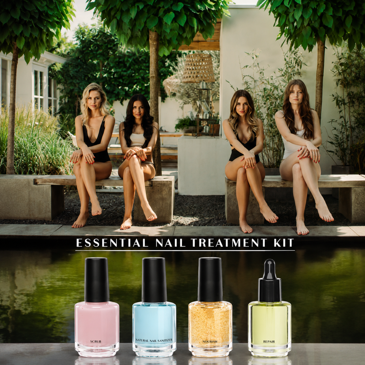 Essential Nail Treatment Kit Bestaat uit 4 x 15ml + Bokkenpoot + Nagelvijl ( scrub- blue prep - verharder toughen - nagelolie - cuticle pusher - Moonvijl )