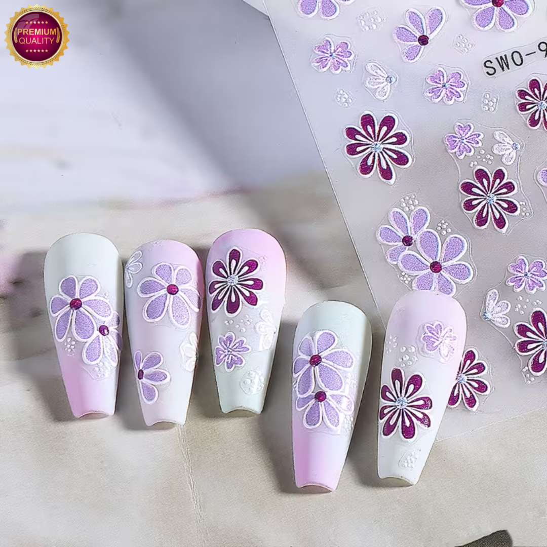 GUAPÀ® Nagelstickers Bloementjes 3 Vellen | Paars Witte Bloemen