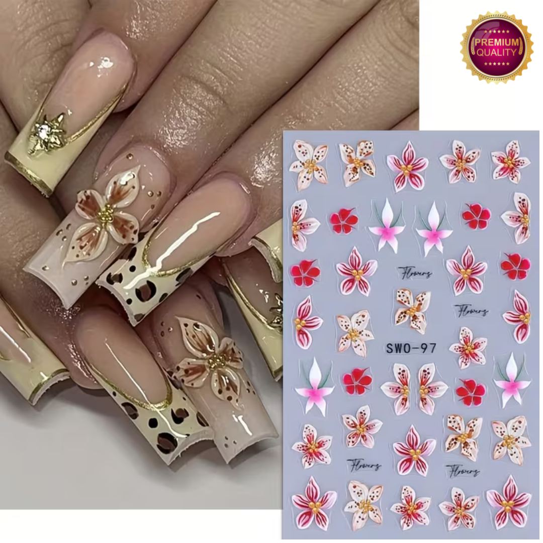 Nagelstickers Bloement 3 Vellen | Nail Decals | Taupe Roze Lelie Bloemen