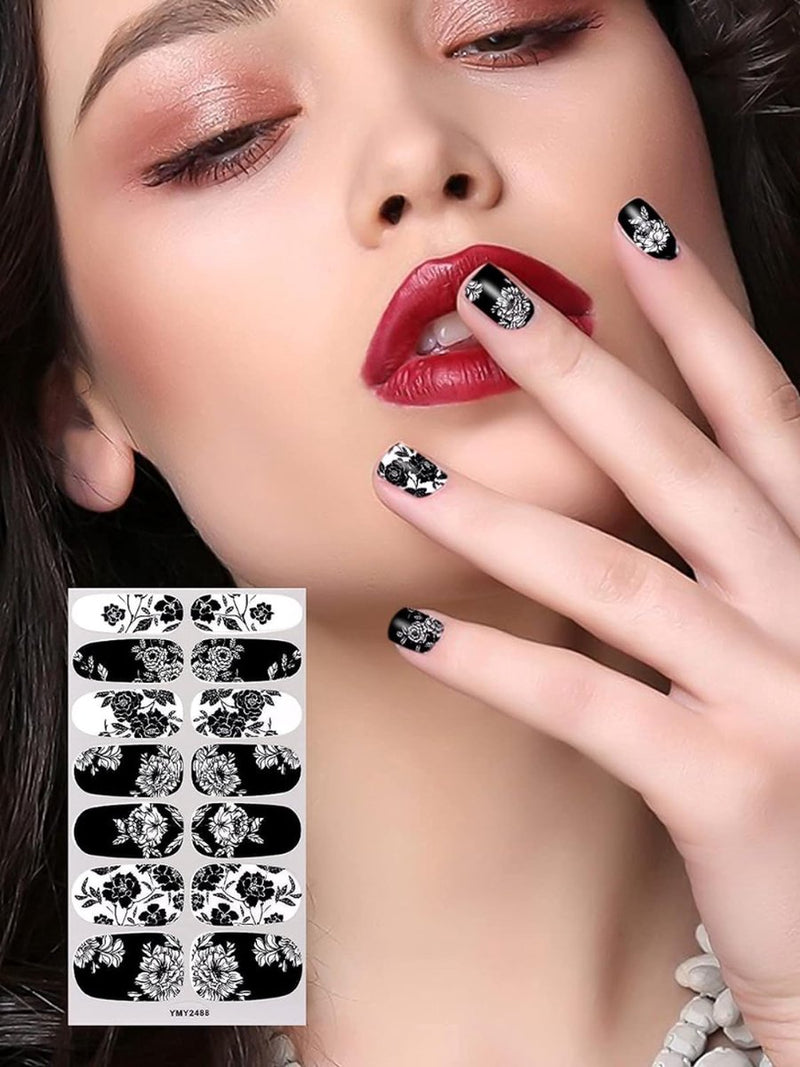 Nail Wraps Nagelstickers 12 pcs | Zwart Wit Bladeren