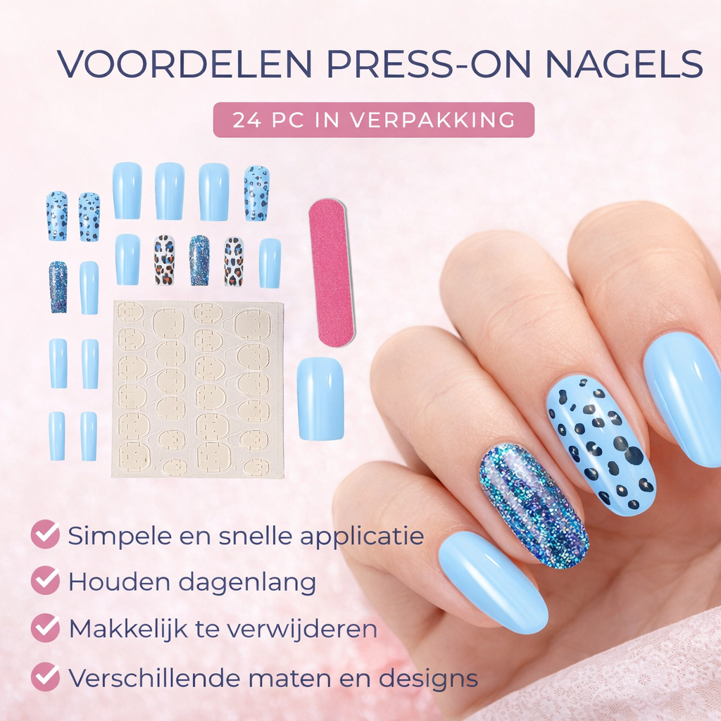 Plaknagels 24 Pcs Luipaard Licht Blauw | Nagel Tips | Kunstnagels