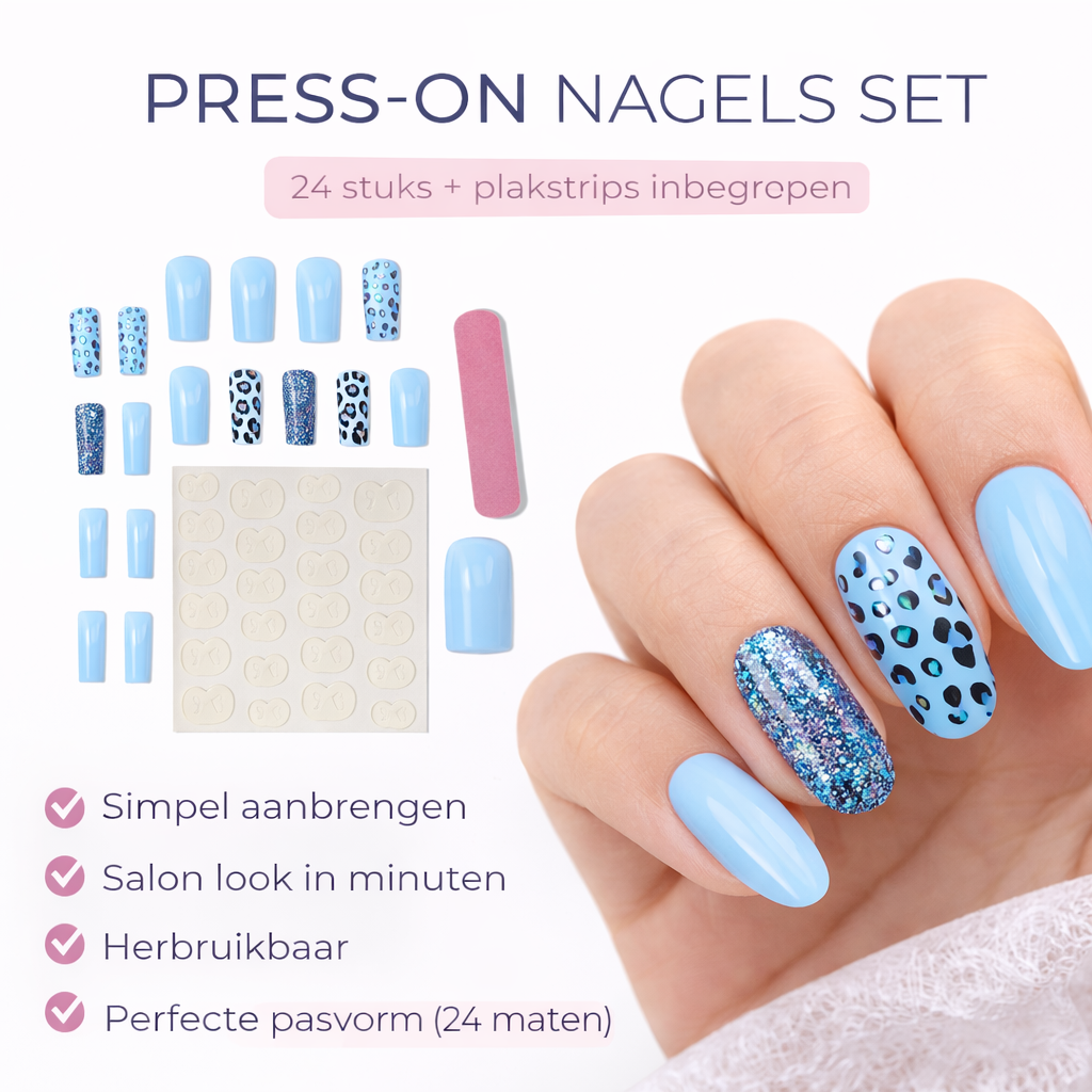 Plaknagels 24 Pcs Luipaard Licht Blauw | Nagel Tips | Kunstnagels