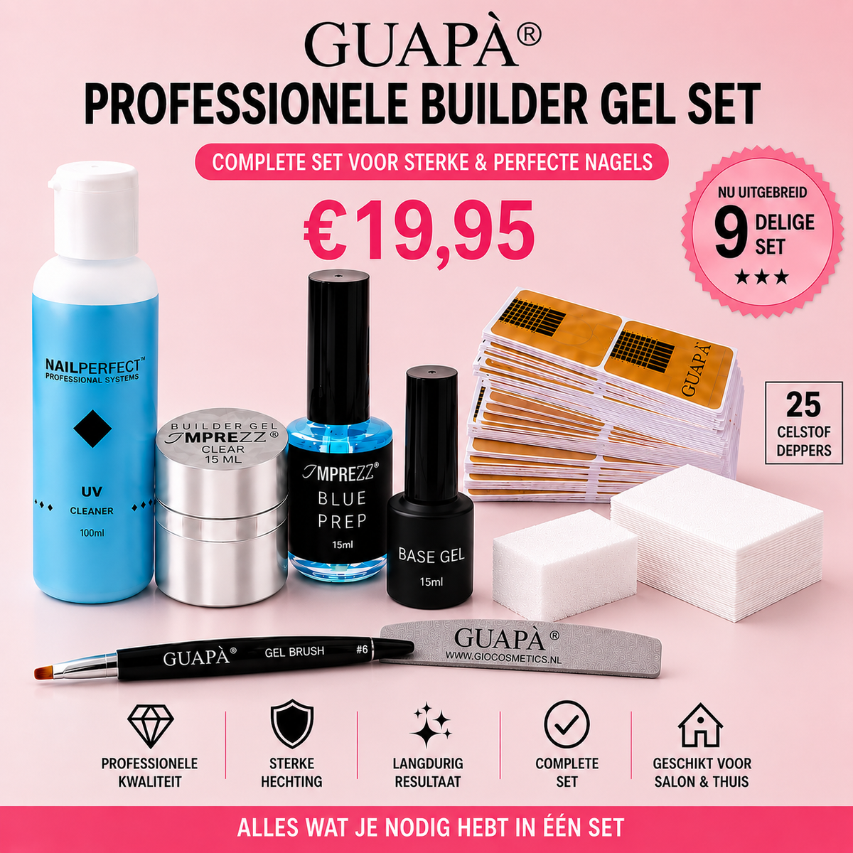 GUAPÀ Professionele Builder Gel 9-delig Starter Set – Complete Nagelset voor Thuis